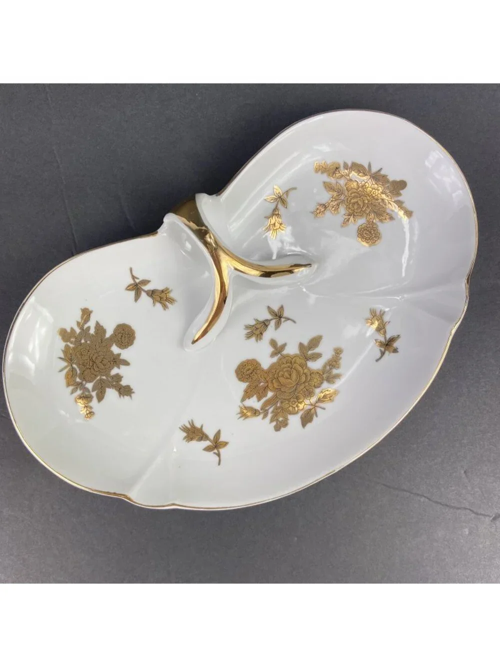 Nappy Plate Candy Trinket Dish Arnart Japan White Gold Trim Roses Bean Shape